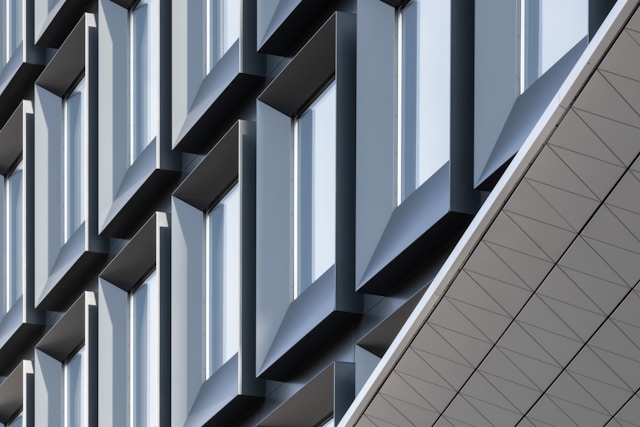 Modern apartment block with black and white windows