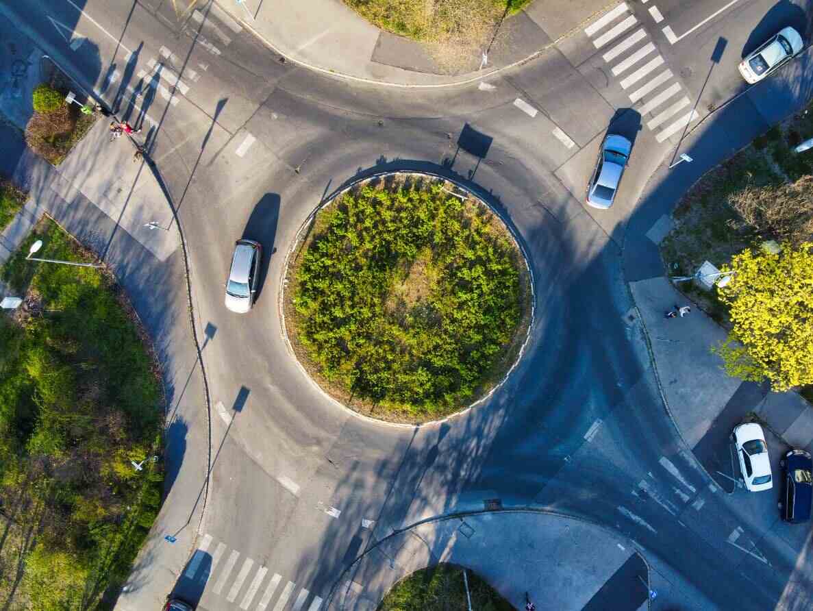 Aerial shot of roundabout with grass on and roads leading up to it