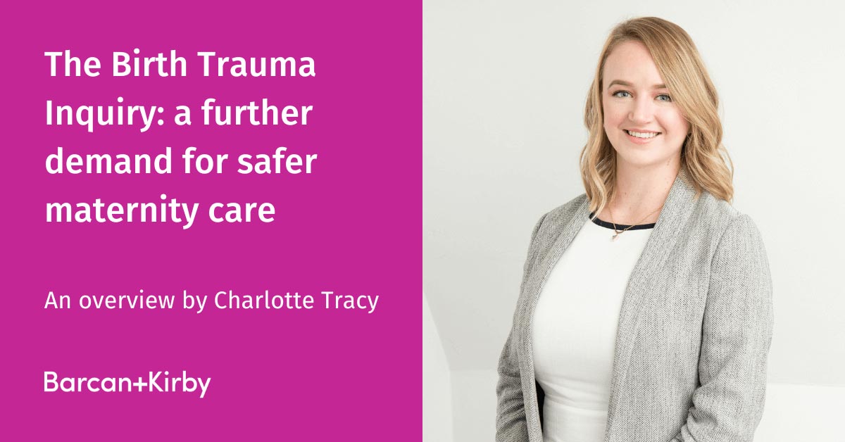 Pink text box with white text that reads: 'the Birth Trauma Enquiry: a further demand for safer maternity care. An overview by Charlotte Tracy'