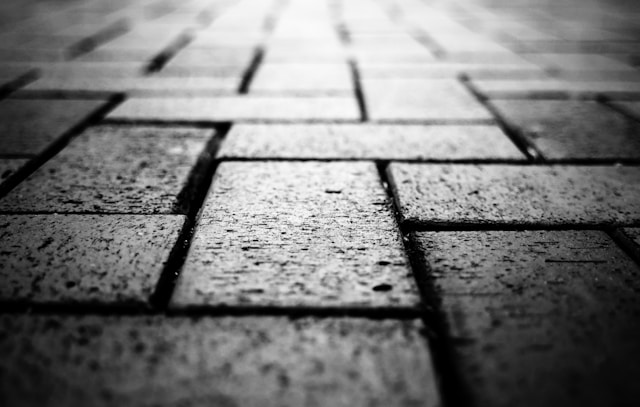 Grey pavement bricks in dimly lit environment