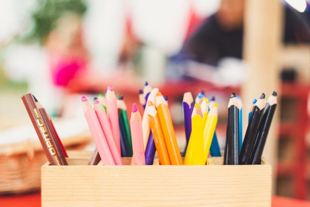 Various colouring pencils in a wooden box