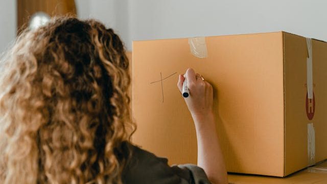 A rear-view shot of a curly haired female writing on a moving box