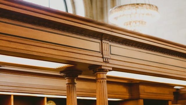 Close up of court room wooden beams