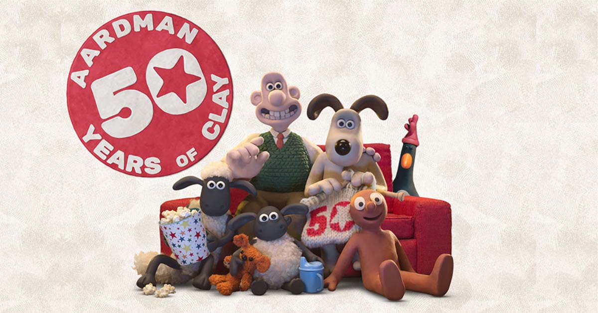A picture of Aardman characters on a white background sat on a red sofa with a red circular logo in the top left that reads 'Aardman, 50 years of clay.'