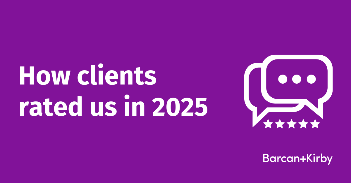 White text on a purple background that says, 'How clients rated us in 2025'