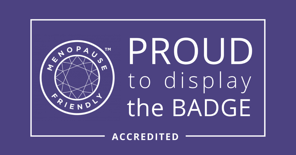 White text on a purple background that says 'Proud to display the badge. Menopause Friendly accredited'