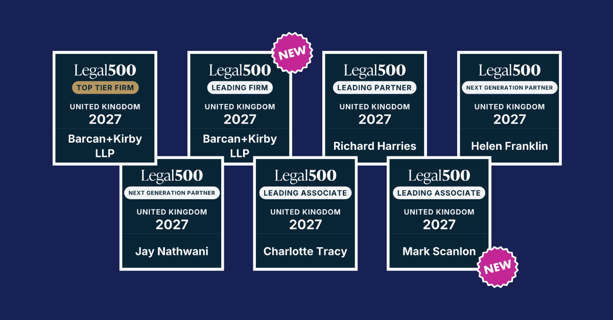 Legal 500 logos positioned horizontally with a 'New' badge over the 'Leading Firm' and 'Leading Associate' logos